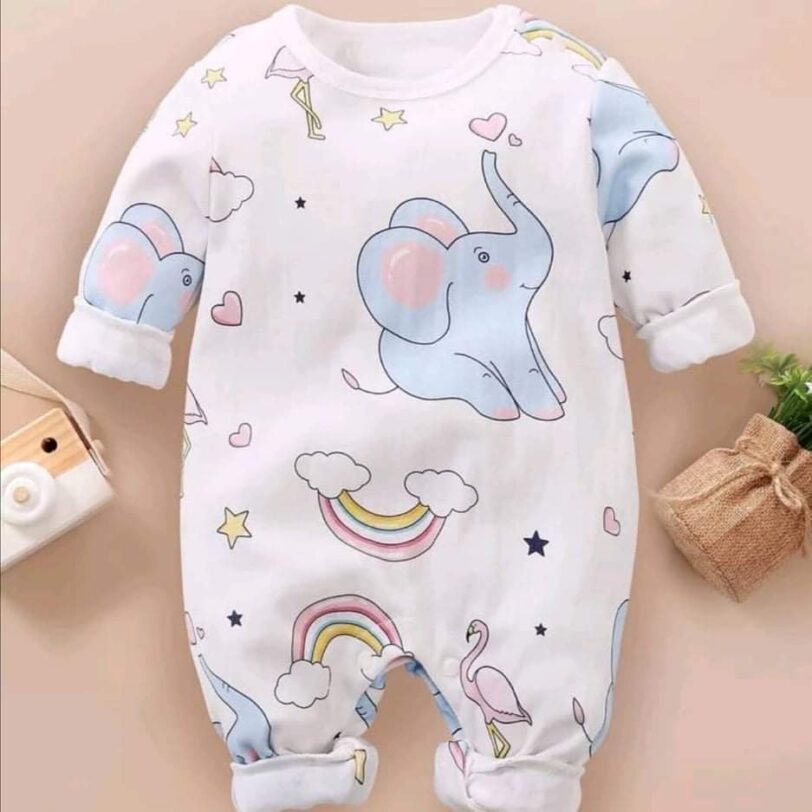 WHITE BABY JUMPSUIT WITH ELEPHANT/CARTOON PRINT - 100% COTTON