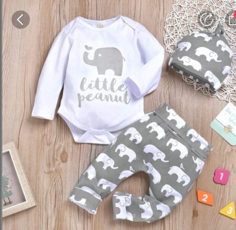 WHITE BABY JUMPSUIT WITH ELEPHANT LITTLE PEANUT LETTER PRINT, ELEPHANT CARTOON PATTERN PANTS & HAT