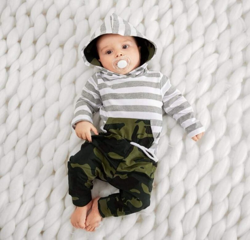 BABY BOY GREY/WHITE STRIPES GREEN CAMOUFLAGE JUMPSUIT HOODIE & SWEATPANTS  -2 PIECES SET