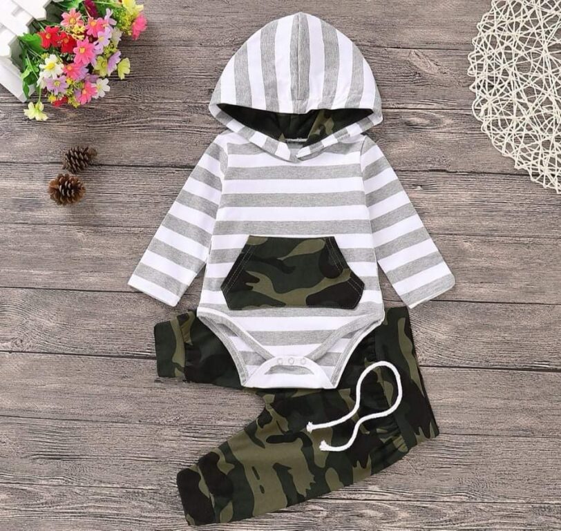 BABY BOY GREY/WHITE STRIPES GREEN CAMOUFLAGE JUMPSUIT HOODIE & SWEATPANTS  -2 PIECES SET - Image 2