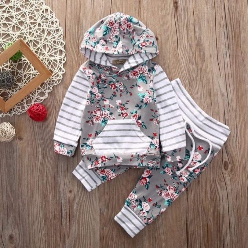BABY GIRL FLORAL PATTERN HOODIE & SWEATPANTS