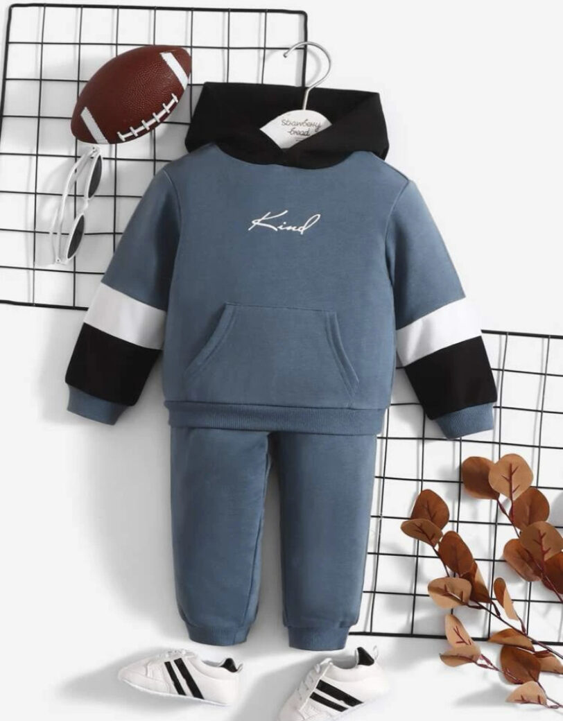 BOY KIND LETTER PRINT BLUE/WHITE/BLACK TOP HOODIE & SWEATPANTS - 2 PIECES SET