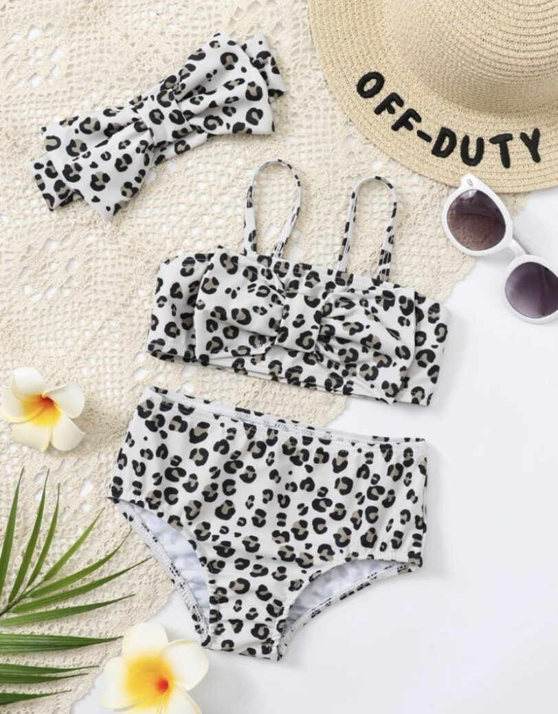 WHITE/BEIGE LEOPARD BIKINI SWIMWEAR & HEADBAND - 3 PIECES SET
