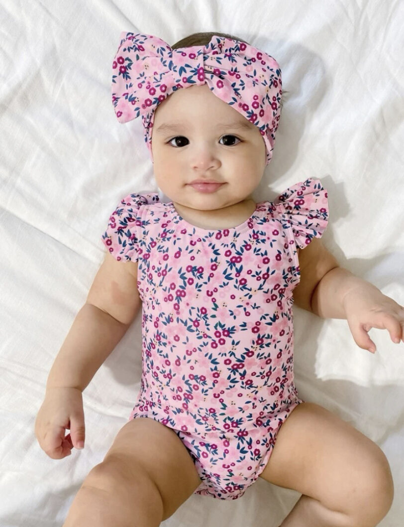 PINK COLOURS FLOWERS SWIMWEAR & HEADBAND – 2 PIECES SET