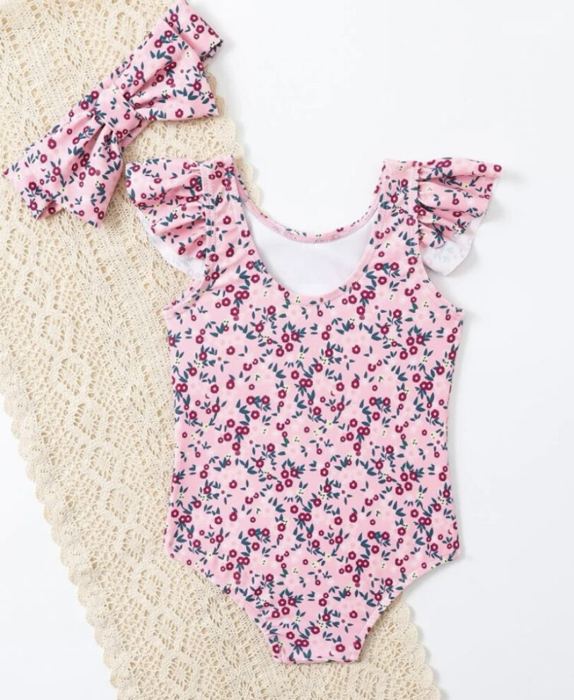 PINK COLOURS FLOWERS SWIMWEAR & HEADBAND – 2 PIECES SET - Image 2